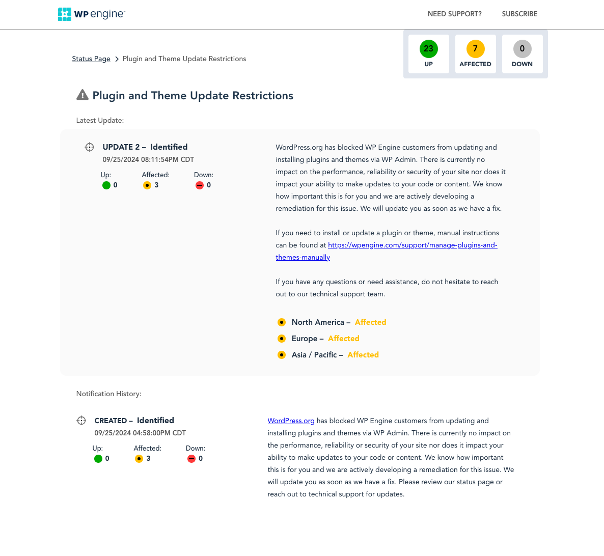 WordPress.org has blocked WP Engine customers from updating and installing plugins and themes via WP Admin. There is currently no impact on the performance, reliability or security of your site nor does it impact your ability to make updates to your code or content. We know how important this is for you and we are actively developing a remediation for this issue. We will update you as soon as we have a fix. If you need to install or update a plugin or theme, manual instructions can be found at https://wpengine.com/support/manage-plugins-and-themes-manually If you have any questions or need assistance, do not hesitate to reach out to our technical support team.